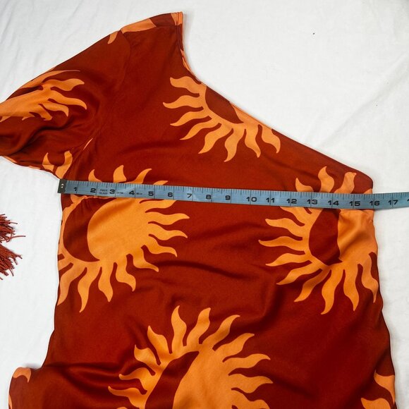 Farm Rio x Anthropologie One-Shoulder Fringe Dress Sun Crescent Moon Orange XS - Picture 8 of 16